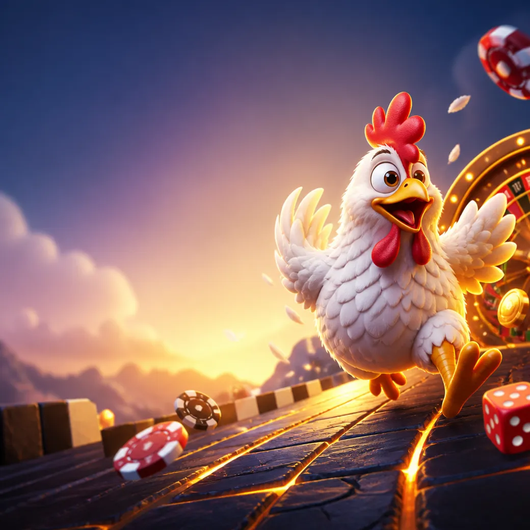 Illustration featuring a playful chicken crossing a vibrant road surrounded by casino elements like chips, cards, and glowing